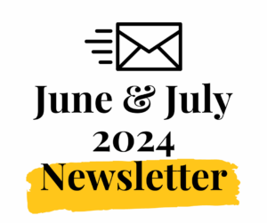 Image shows a speeding envelope graphic with June and July 2024 newsletter words underneath
